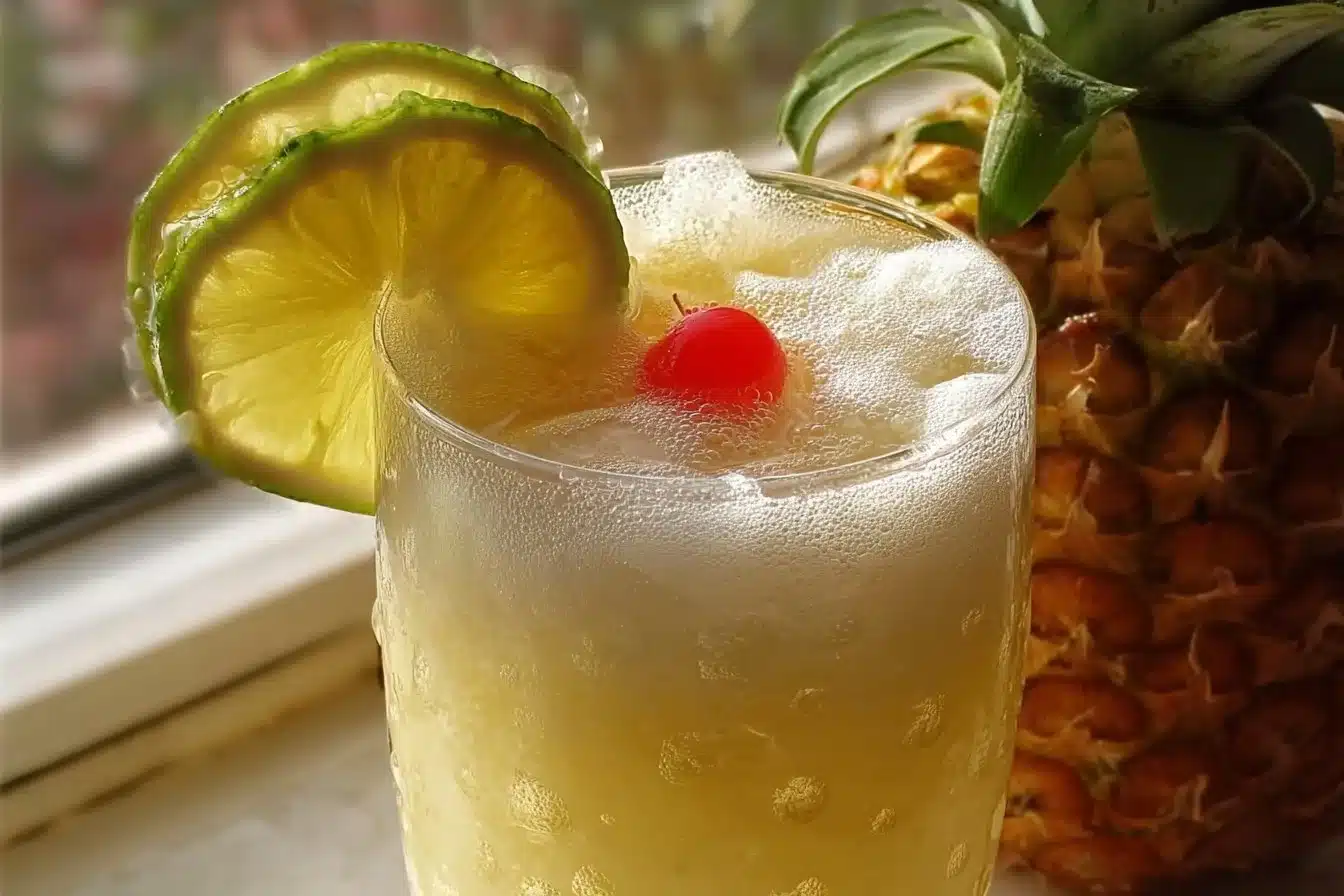 Non-alcoholic Piña Colada Punch in a tropical setting