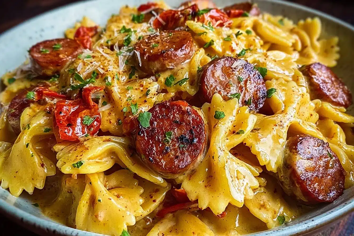 Creamy Cajun Sausage Pasta in a skillet with colorful vegetables
