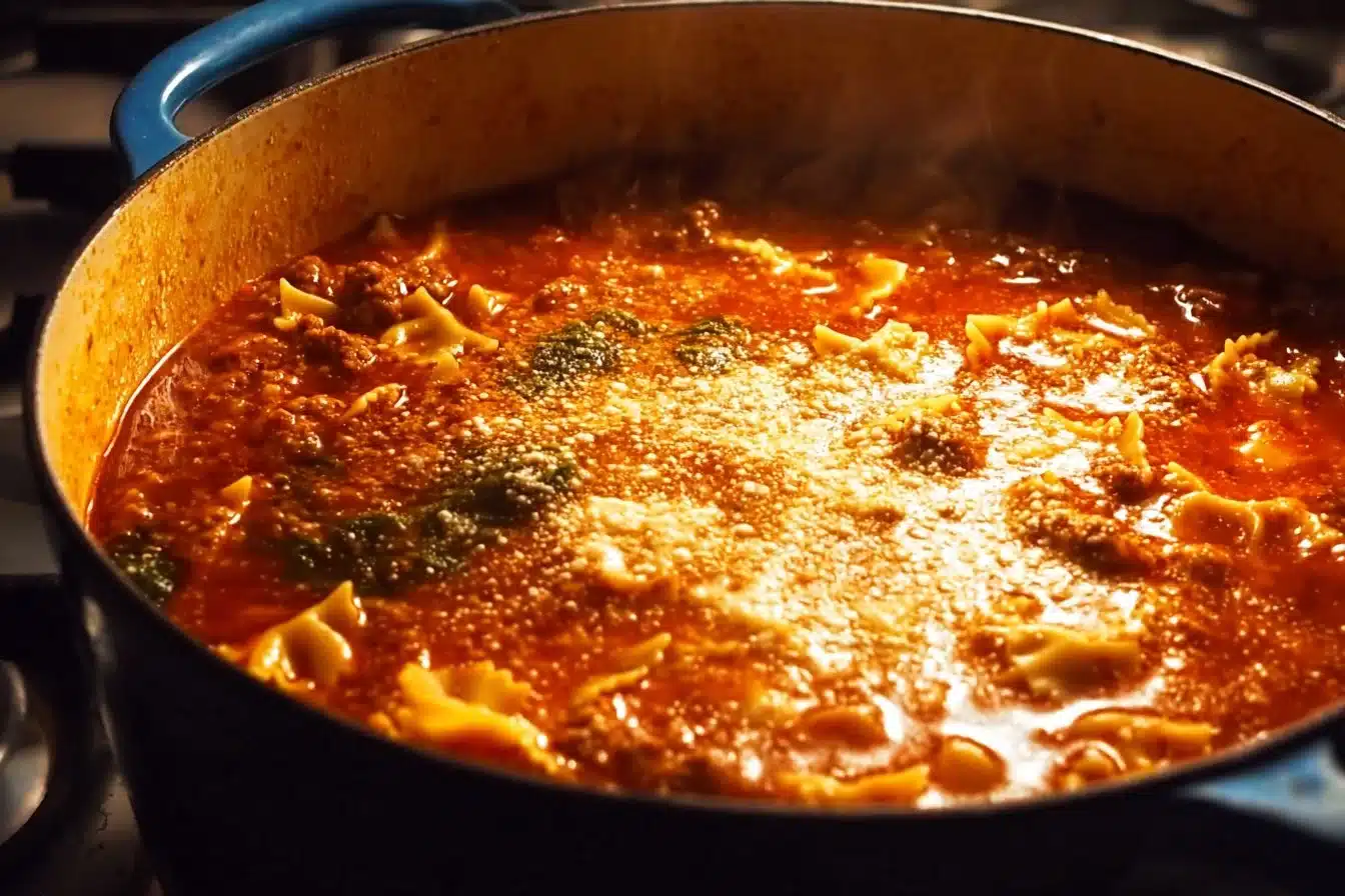 Hearty One Pot Lasagna Soup served in a bowl with cheese and herbs on top