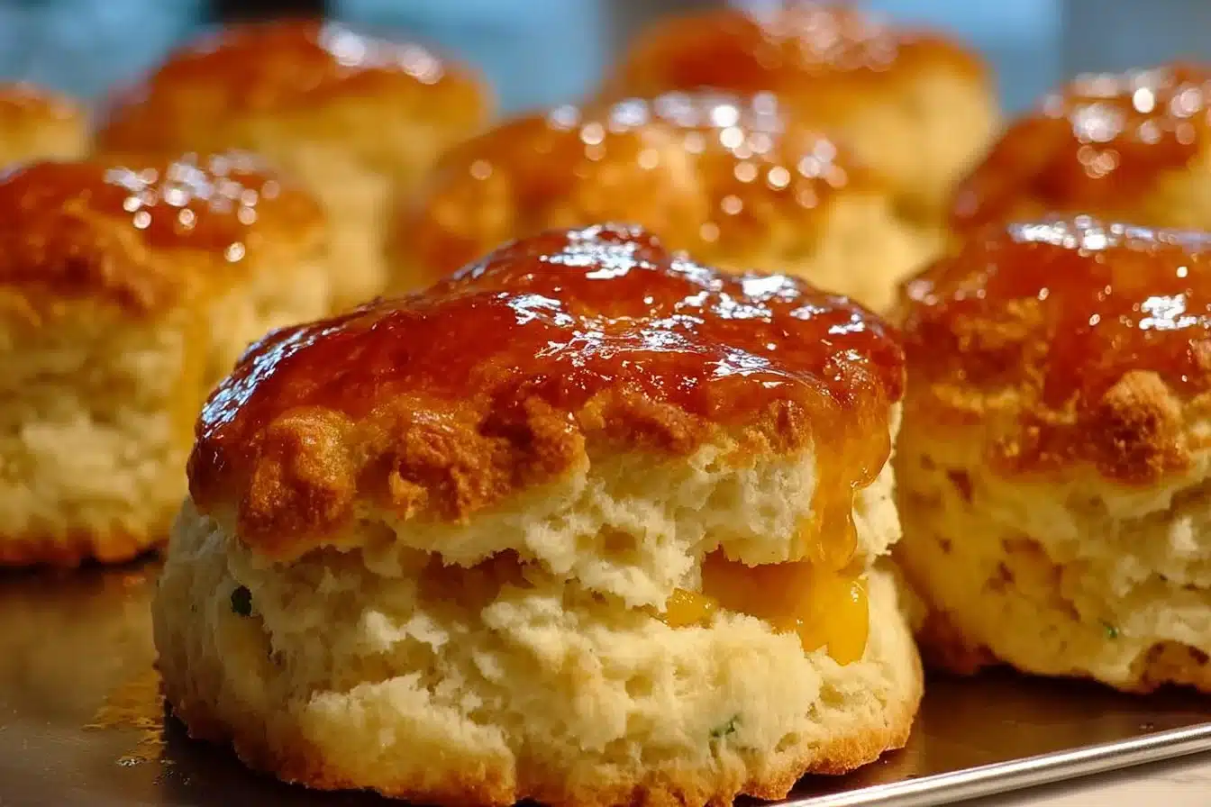Delicious Peach Butter Swim Biscuits with a golden crust and peach spread.