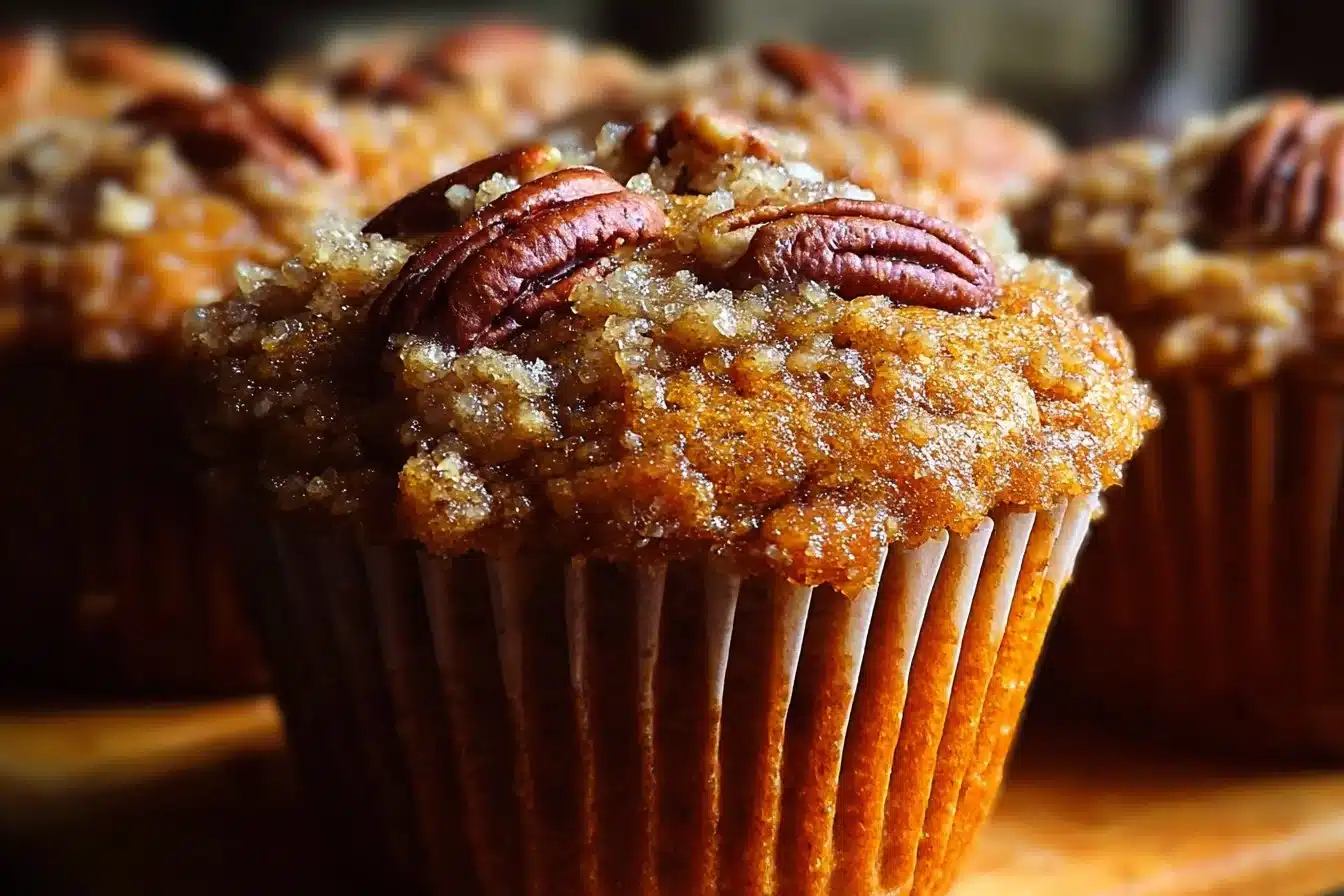 Freshly baked pecan pie brown sugar muffins on a wooden table