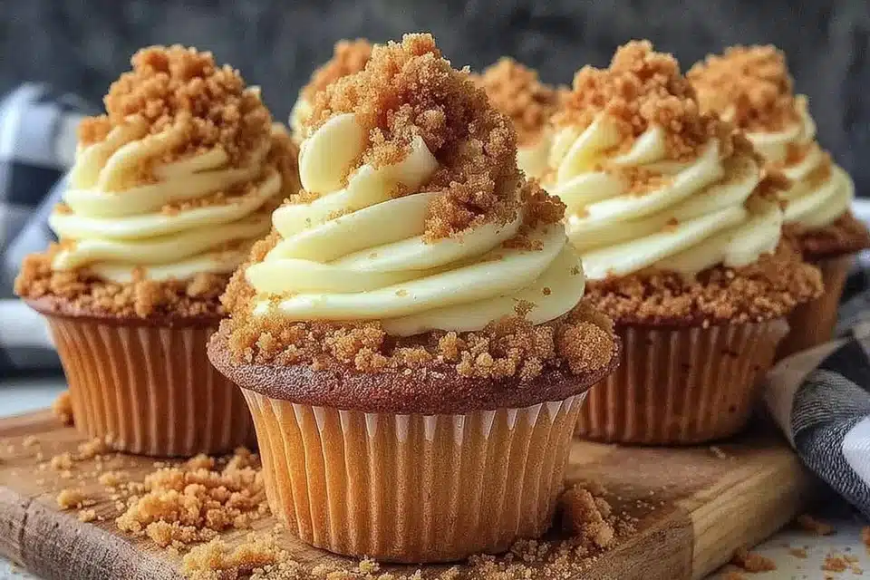 Delicious apple crumble cupcakes topped with fresh apple pieces and crumble