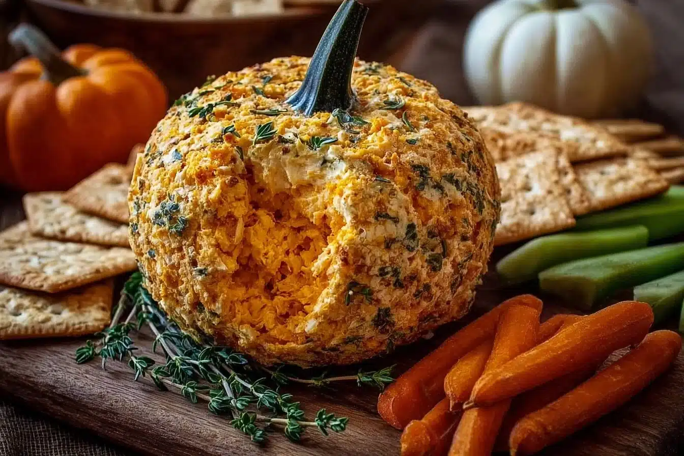 Delicious Pumpkin Cheese Ball served with crackers and garnished with herbs.