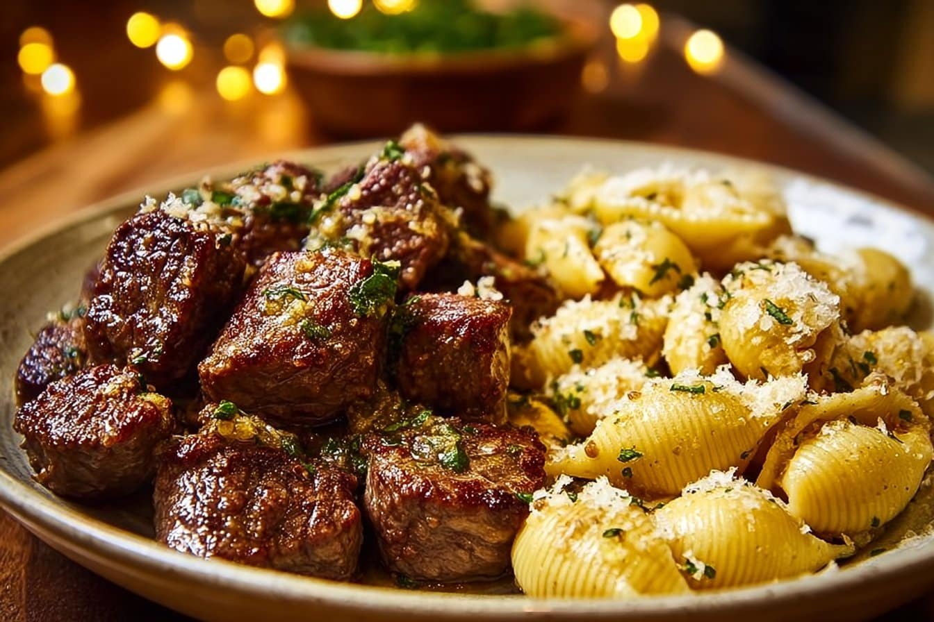 Garlic Butter Steak Bites & Creamy Parmesan Shells