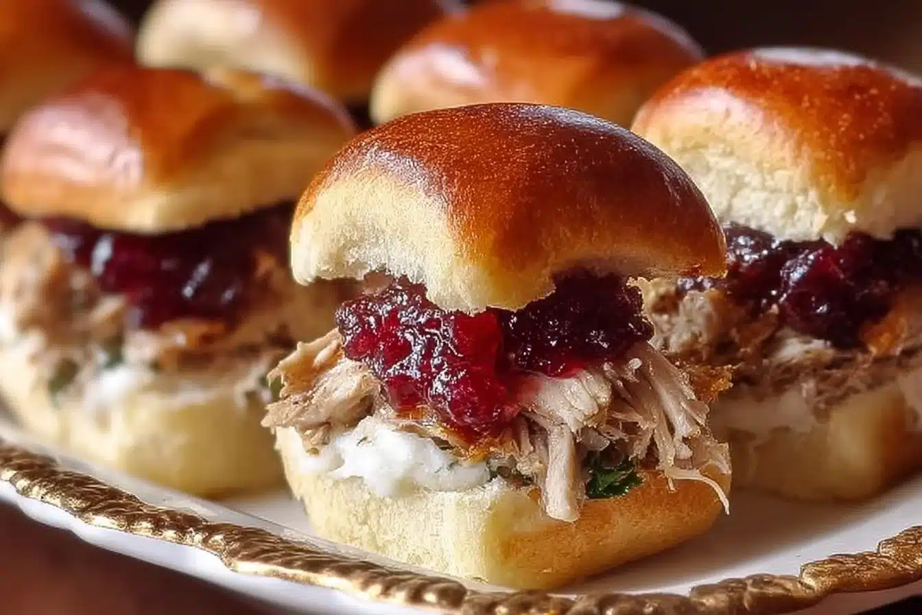 Thanksgiving turkey sliders with cranberry sauce on slider buns