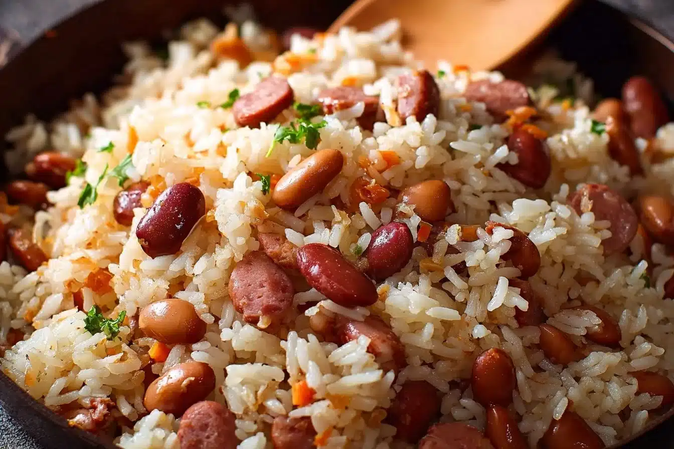 A bowl of rice and beans served with fresh herbs and spices.