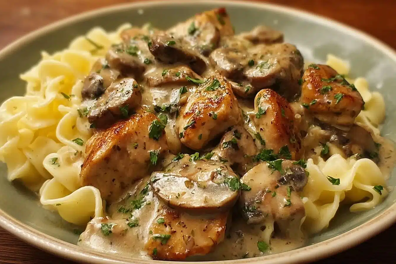 Delicious bowl of rich chicken stroganoff served over noodles