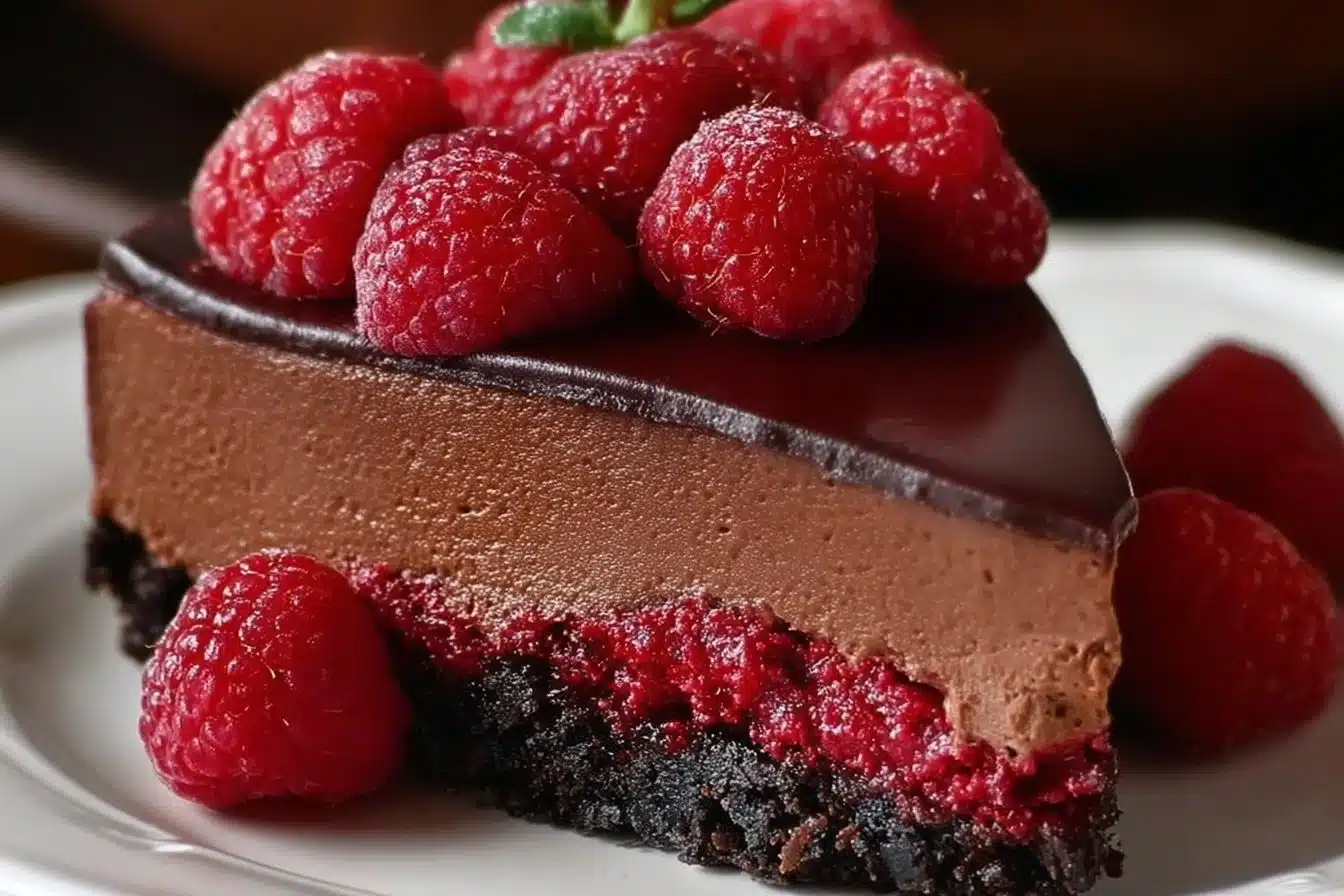Slice of rich dark chocolate raspberry cheesecake topped with fresh raspberries.