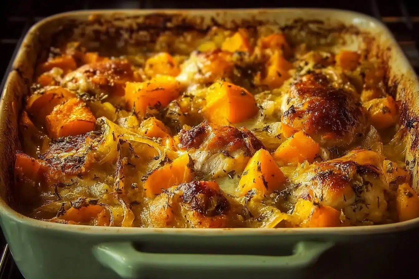 Roasted chicken leek and butternut squash bake on a plate.