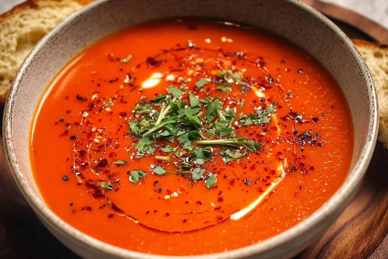 A bowl of roasted red pepper soup garnished with fresh herbs and drizzled with olive oil