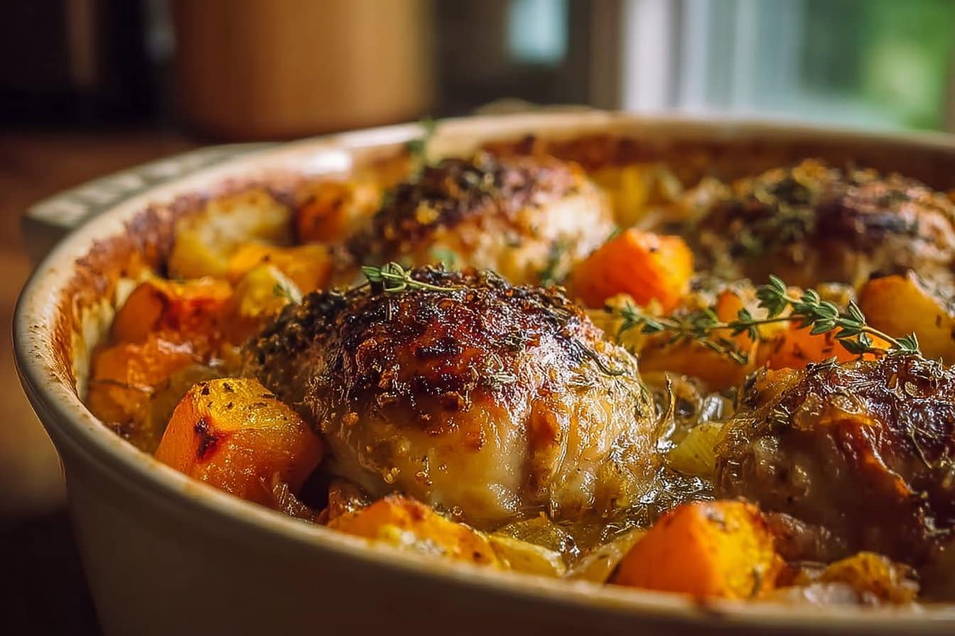 Roasted Chicken Leek and Butternut Squash Bake