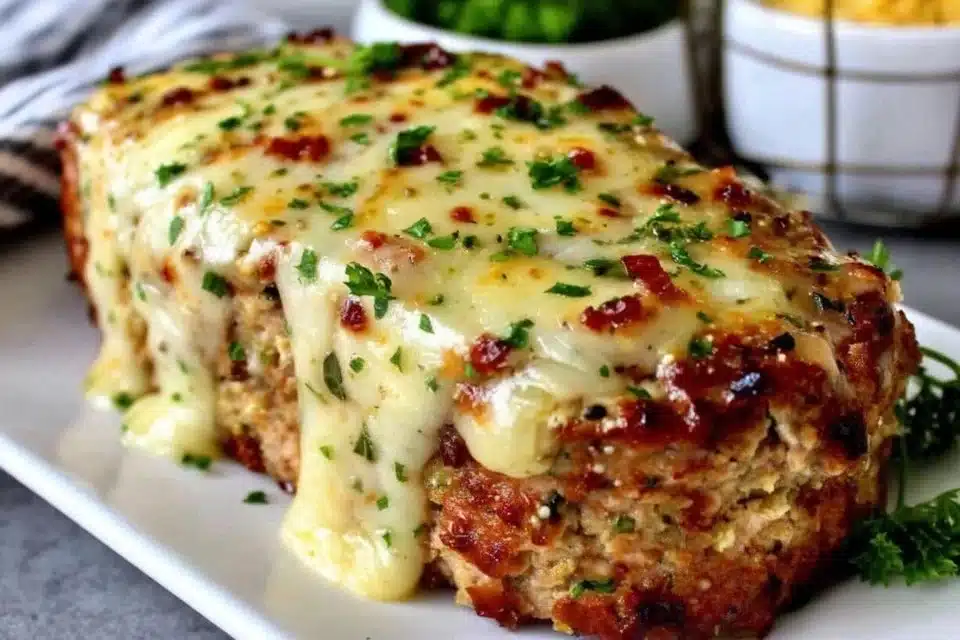 Savory Garlic Parm Chicken Meatloaves served with herbs and garlic garnish.