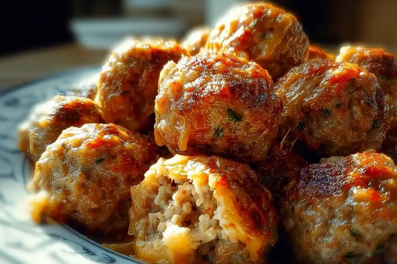 Plate of cheesy sausage balls ideal for parties and gatherings