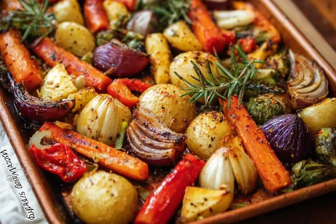 Colorful array of sheet pan roasted vegetables ready to serve.