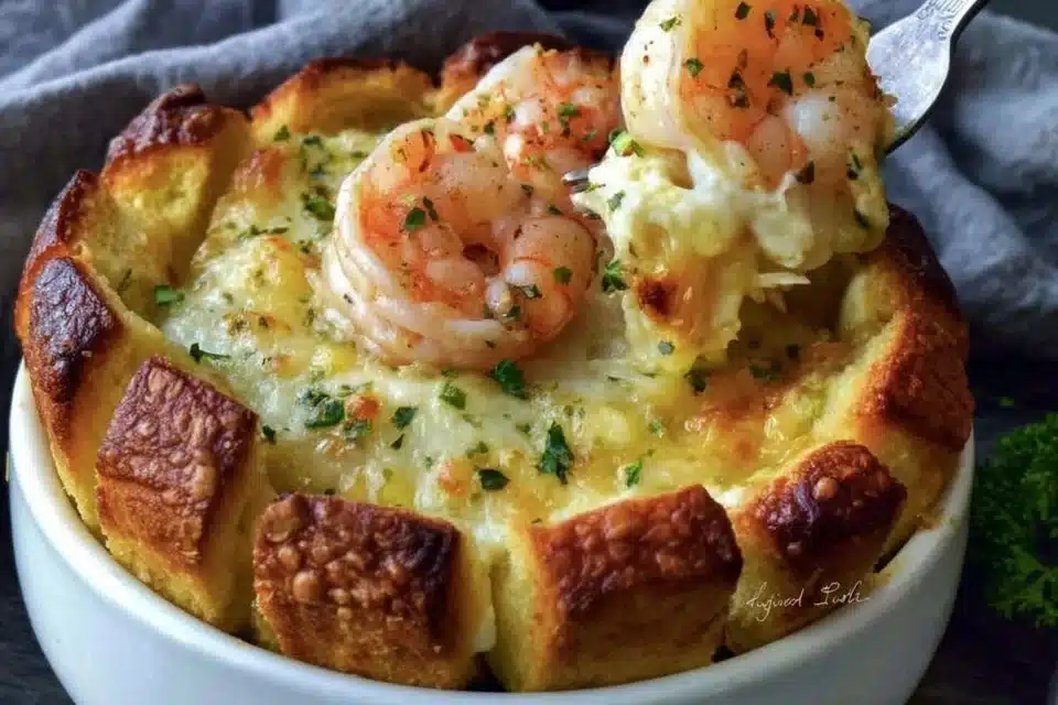Shrimp Lobster Cheddar Bay Biscuit Pot Pie served in a rustic dish.