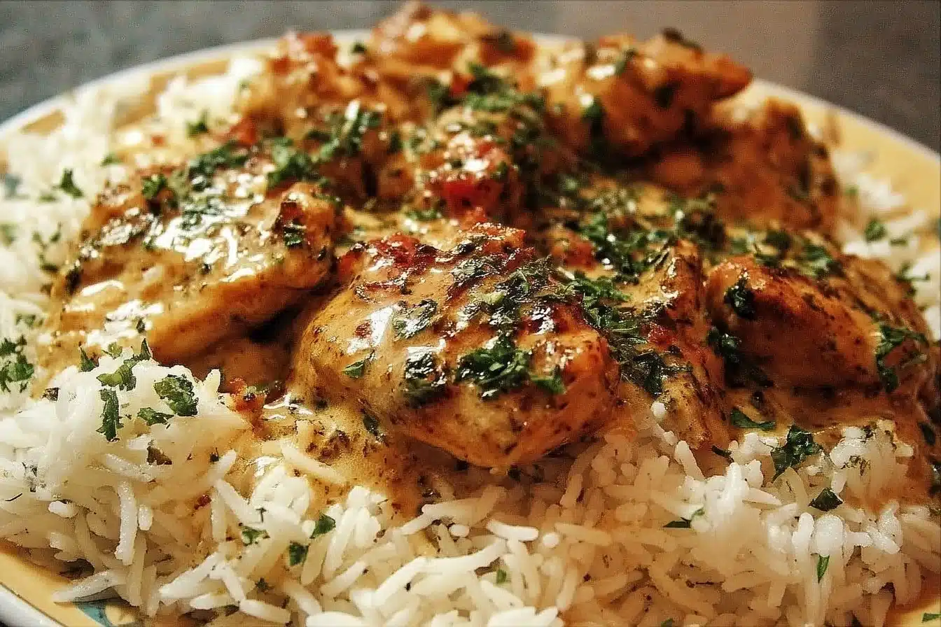 Plate of smothered chicken served over fluffy rice