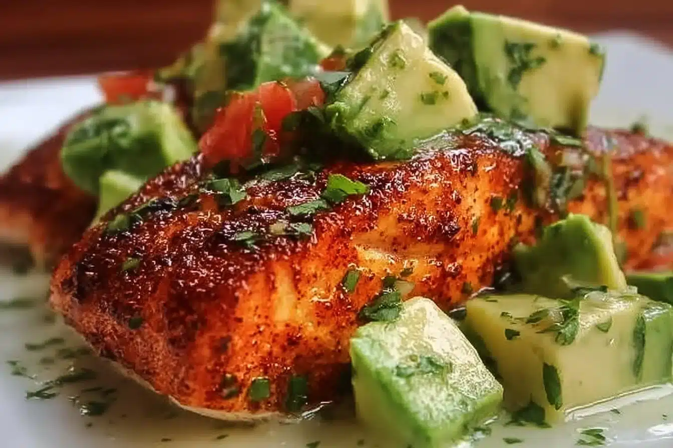 Spicy Cajun Salmon served with avocado lime salsa on a plate