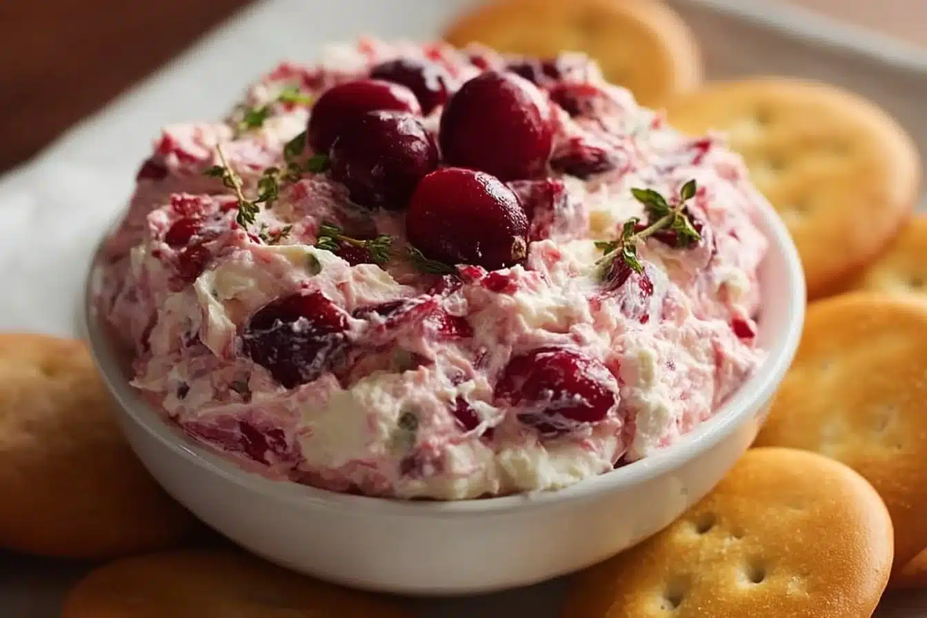 Spicy Christmas Cranberry Jalapeno Dip served in a festive bowl