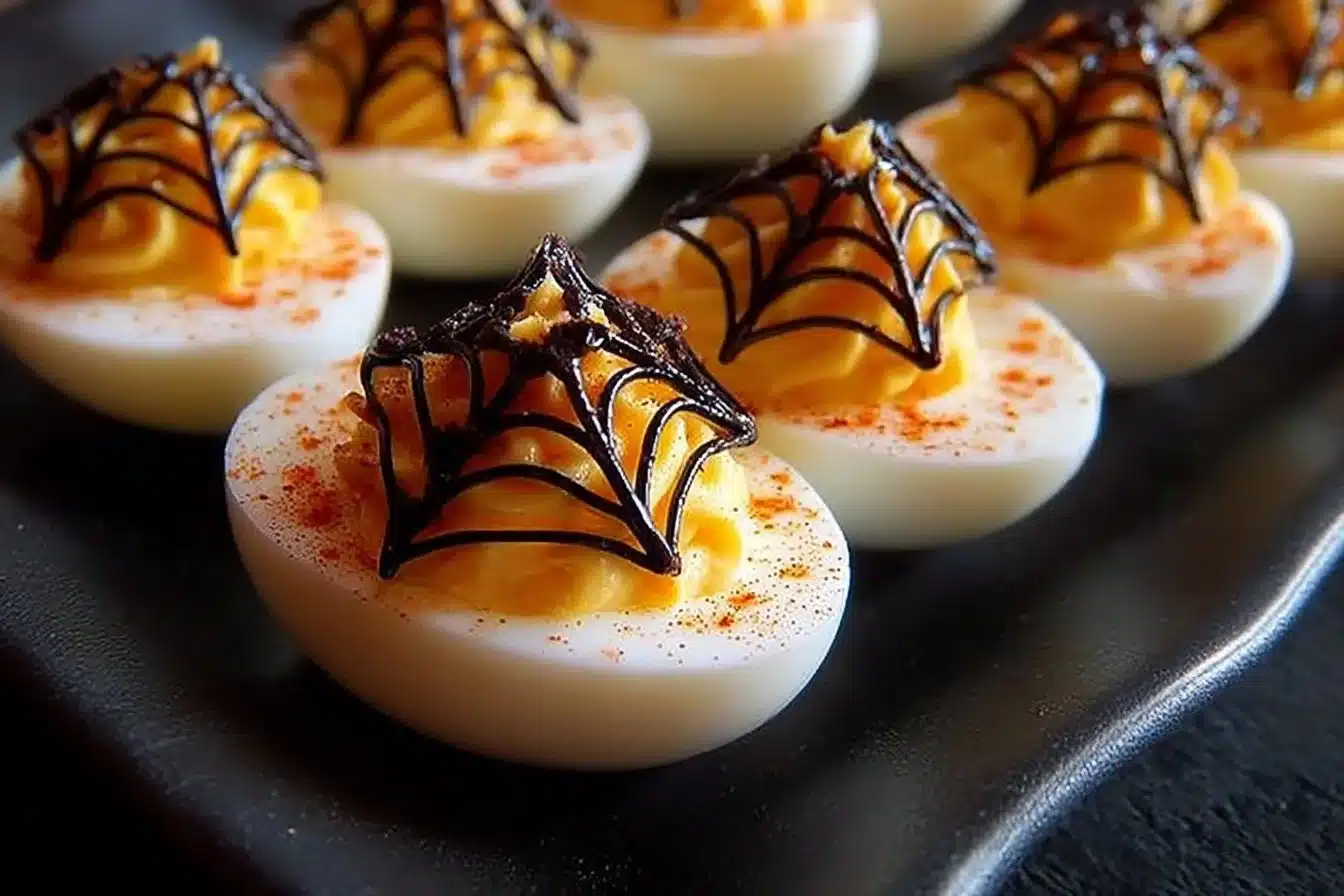 Spooky Spiderweb Deviled Eggs garnished with olive spiders