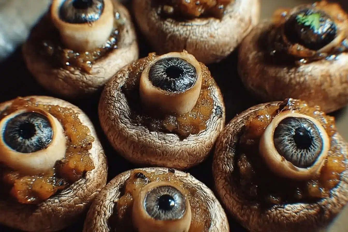 Spooky stuffed mushroom eyeballs ready for Halloween party