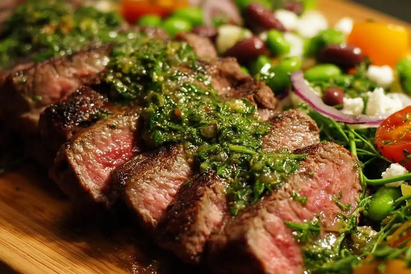 Steak Chimichurri served with a vibrant dense bean salad on a plate.