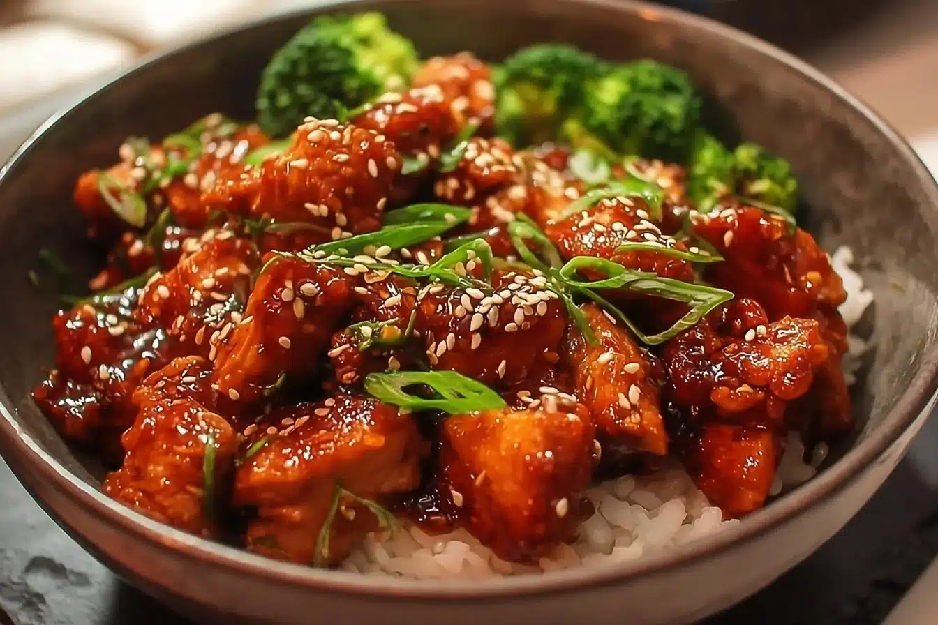 Delicious sticky chicken bowls with rice and vegetables