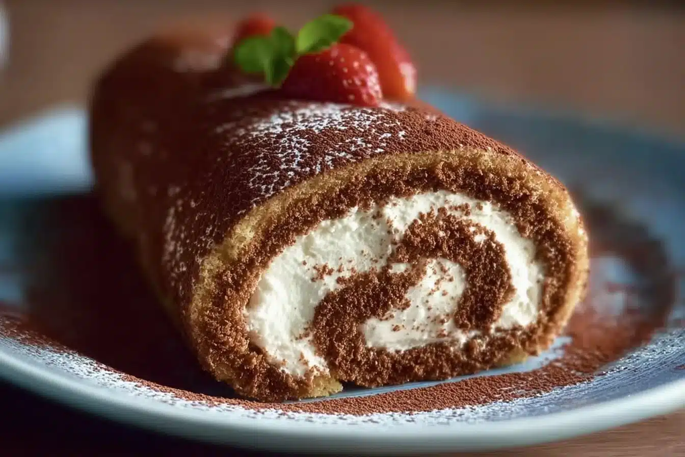 Sugar-free low carb keto tiramisu cake roll dessert on a plate