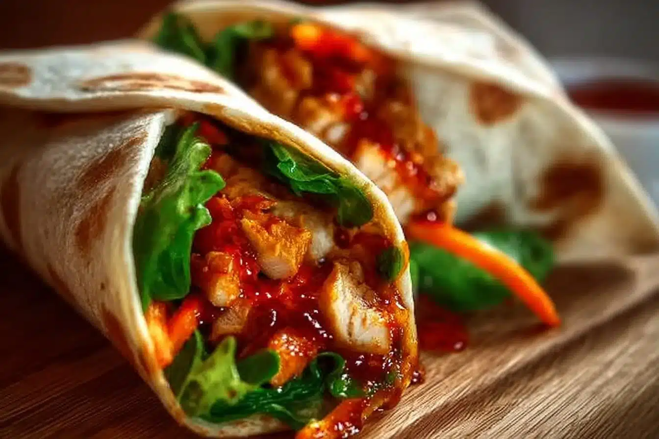 Sweet chili chicken wraps garnished with fresh vegetables