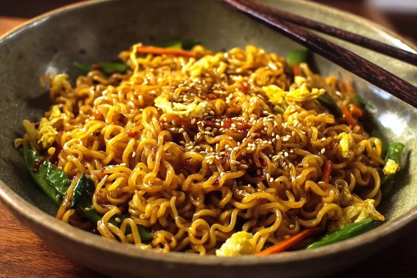 Sweet and spicy ramen noodle stir fry with colorful vegetables