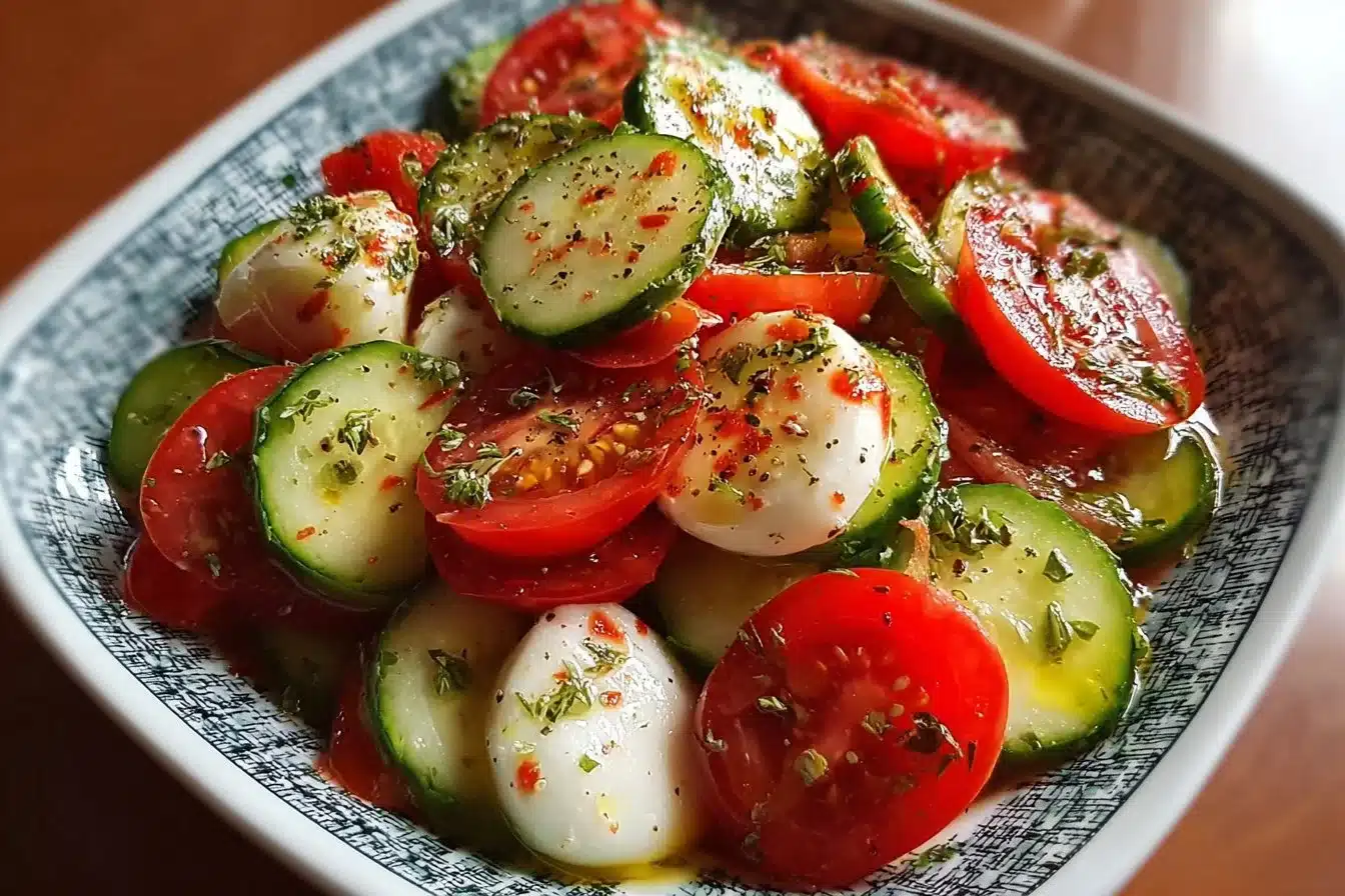 Colorful Tomato Cucumber Mozzarella Salad with herbs and dressing