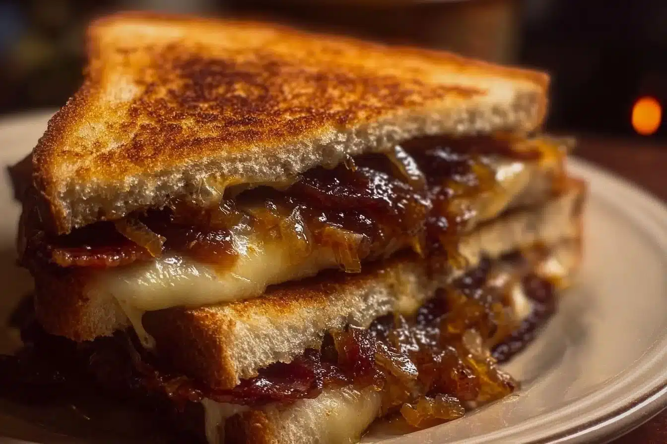 Ultimate beef bacon grilled cheese with caramelized onions on a plate