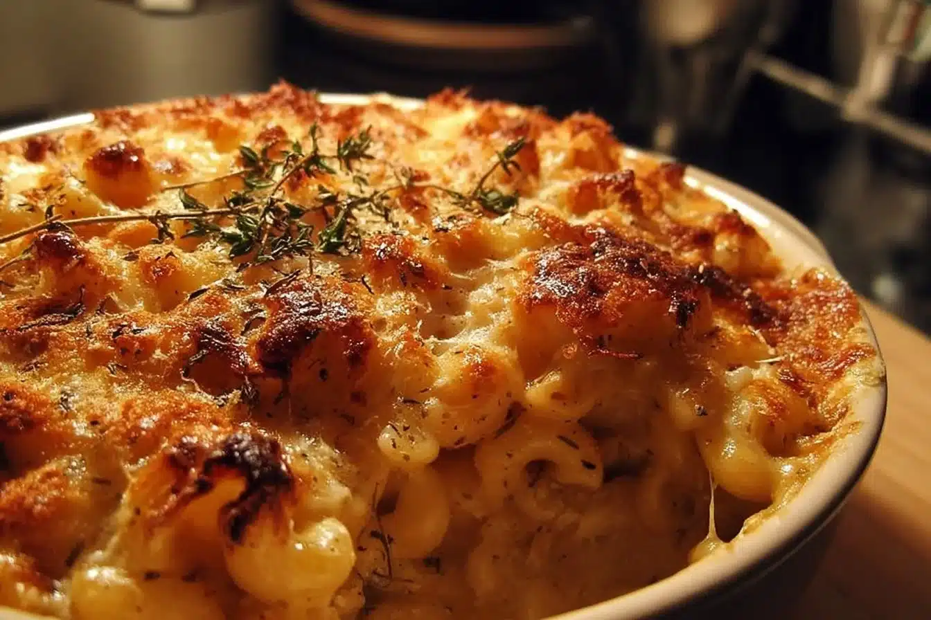 Delicious bowl of French onion soup mac and cheese topped with cheese and herbs