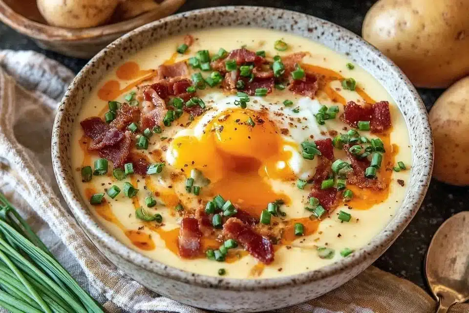 A bowl of ultimate loaded baked potato soup topped with cheese, bacon, and green onions