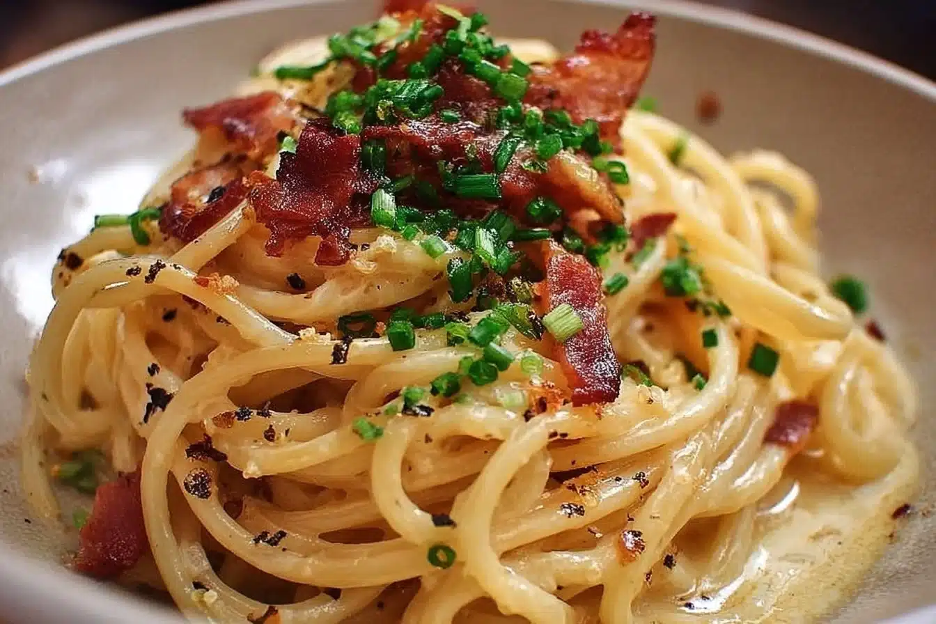 Bowl of Umami Miso Carbonara showcasing creamy pasta with miso sauce and toppings