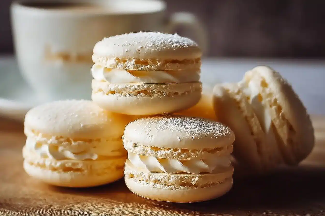 A plate of beautifully arranged vanilla macarons with a creamy filling