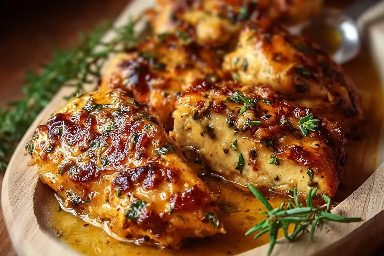 Whole30 Marry Me Chicken served on a plate with herbs and vegetables.