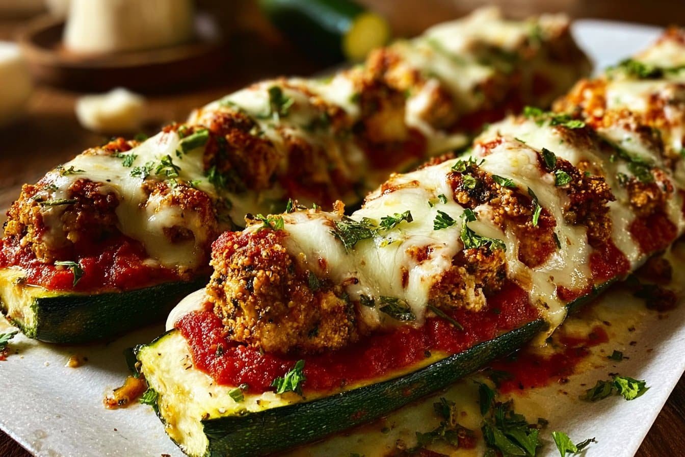 Crispy Chicken Parmesan Stuffed Zucchini Boats