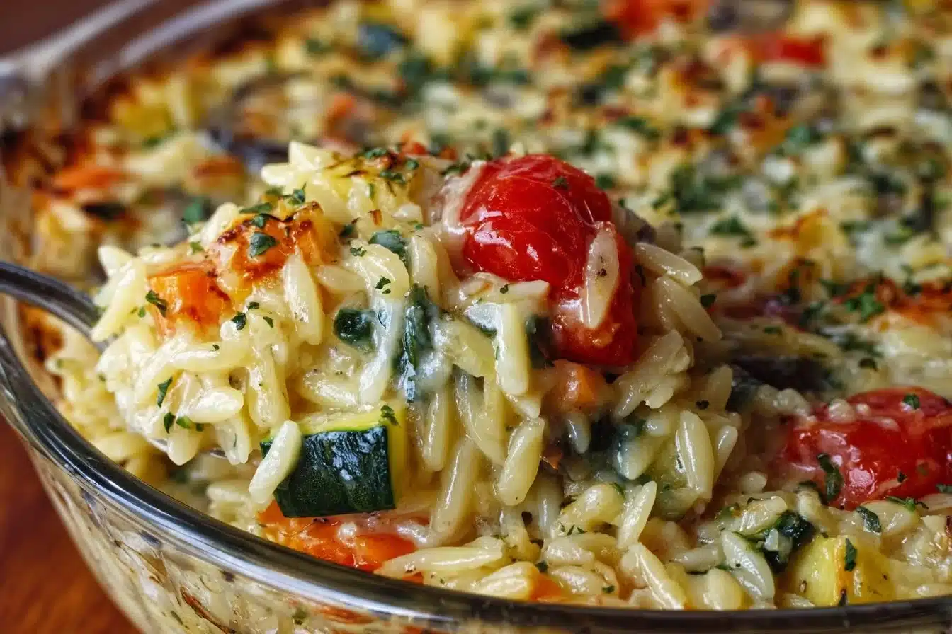 A delicious serving of cheesy baked orzo with fresh vegetables in a dish.