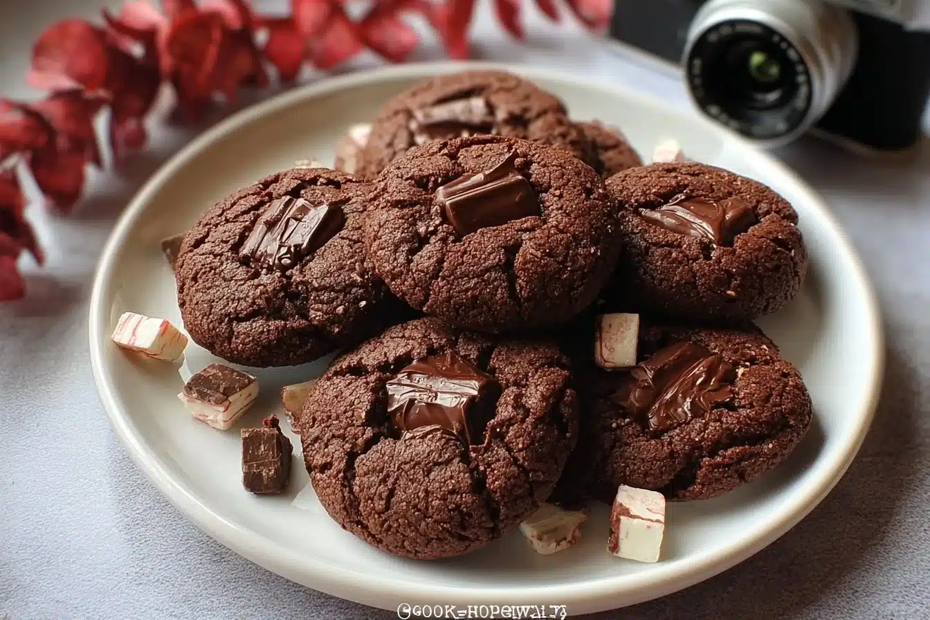 Mocha Peppermint Chocolate Cookies arranged on a festive plate