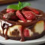 Delicious Chocolate Strawberry Swirl Cheesecake with chocolate and strawberry layers