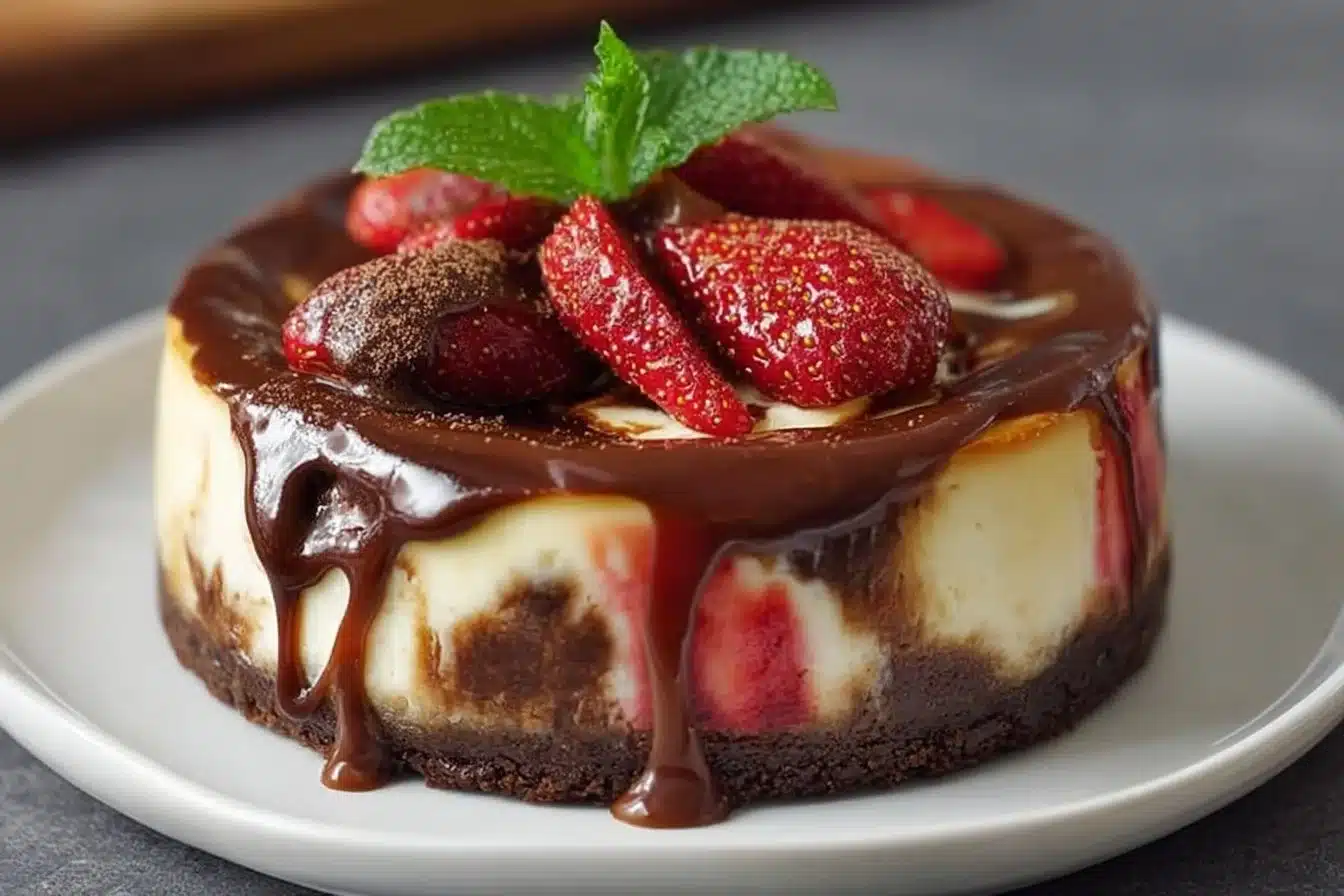 Delicious Chocolate Strawberry Swirl Cheesecake with chocolate and strawberry layers