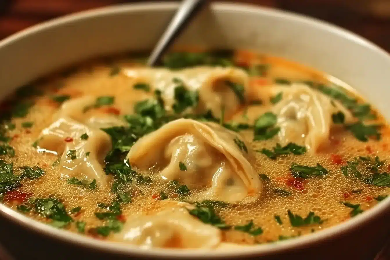 Bowl of cozy Thai Potsticker Soup garnished with herbs and spices.