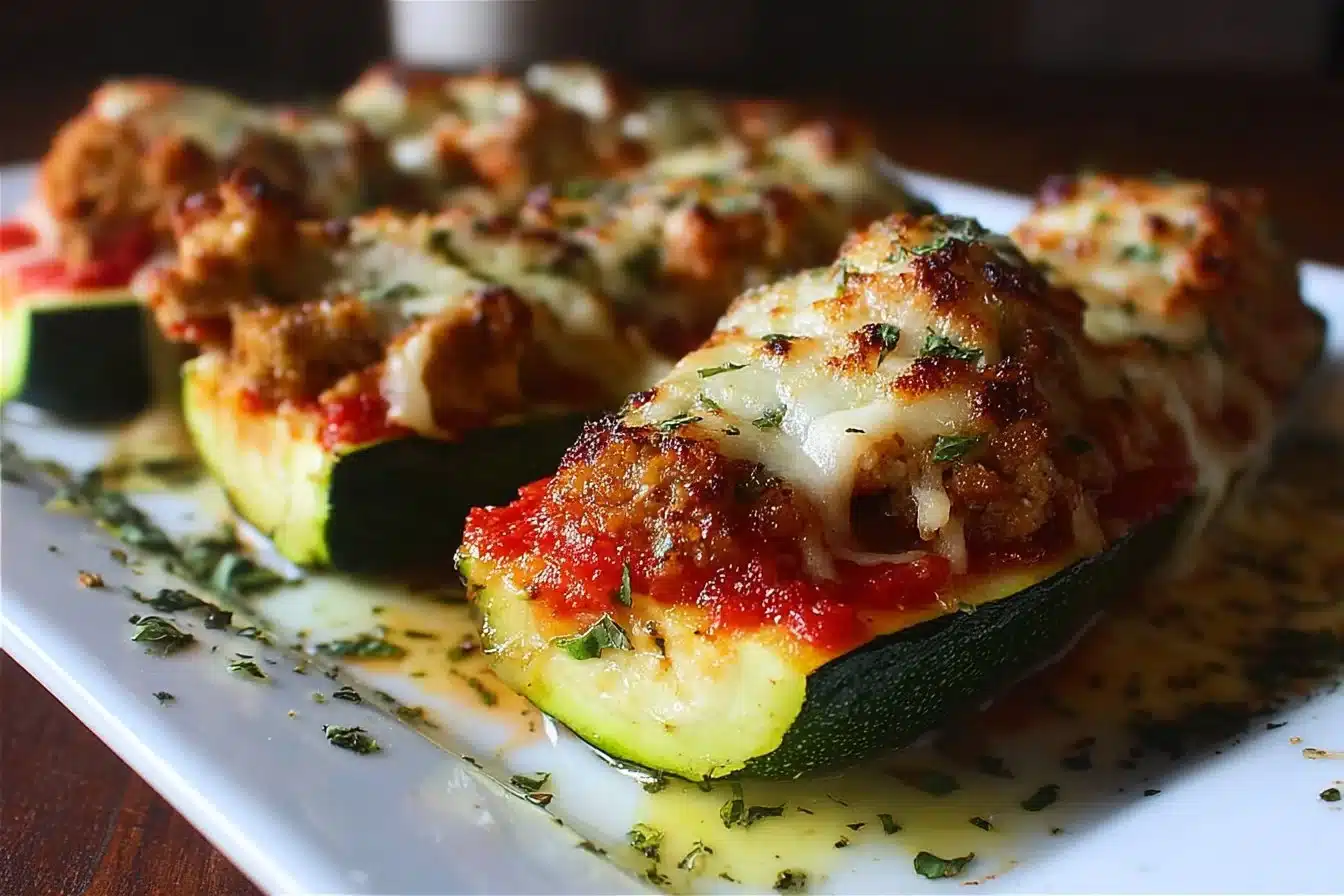 Crispy Chicken Parmesan Stuffed Zucchini Boats topped with cheese and herbs