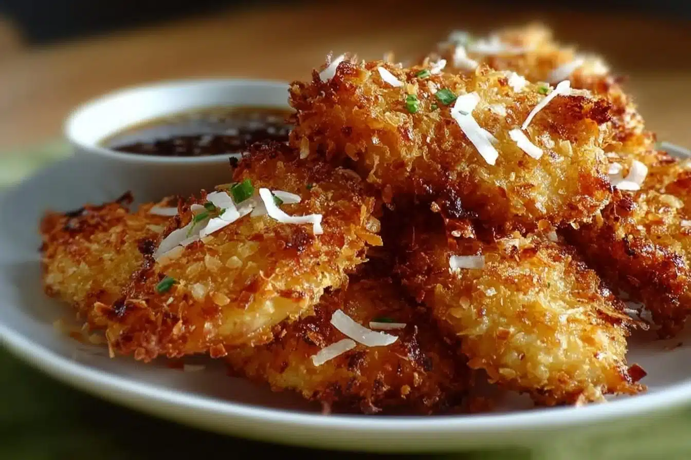 Deliciously fried Crispy Coconut Chicken served with dipping sauce