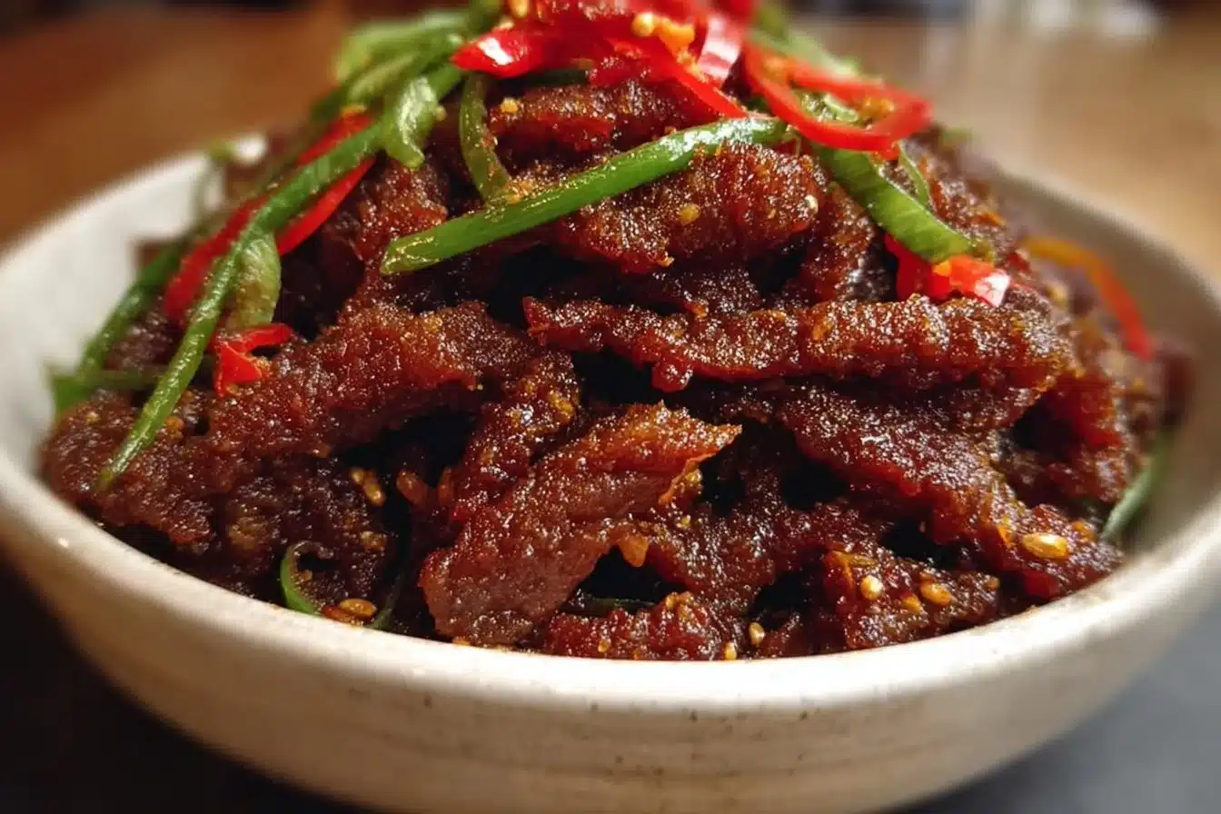 Crispy sweet chilli beef served with vibrant vegetables on a plate