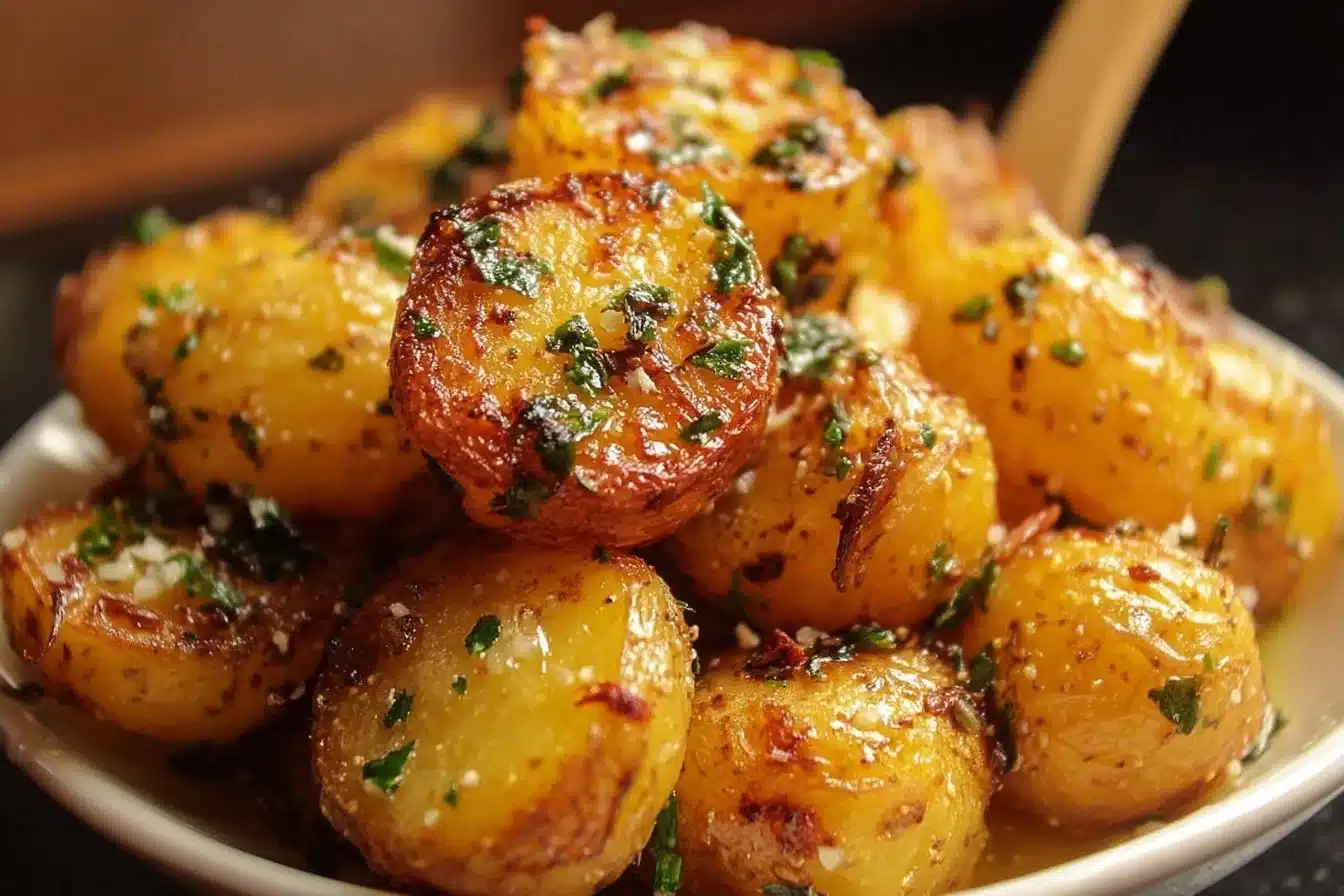 A bowl of crispy garlic butter potatoes garnished with herbs and spices.