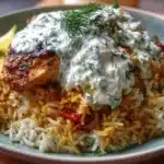 Easy dump and bake chicken tzatziki rice recipe with fresh ingredients