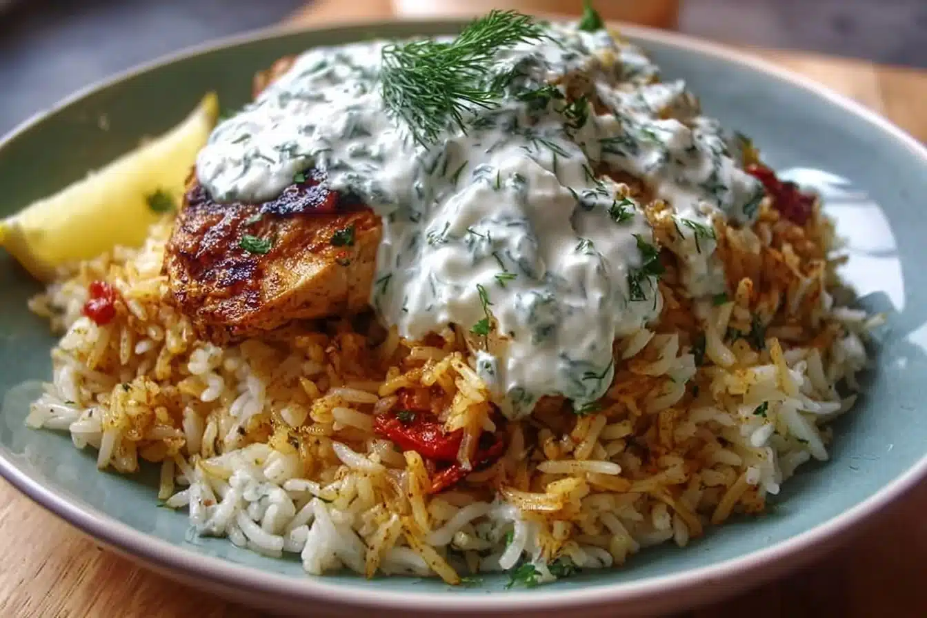 Easy dump and bake chicken tzatziki rice recipe with fresh ingredients