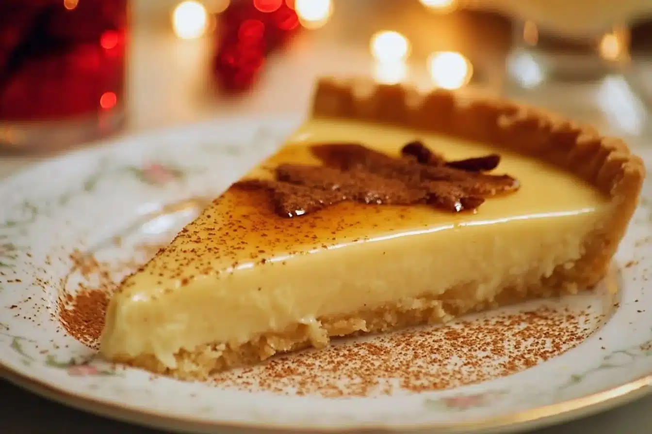 Delicious Eggnog Crème Tart topped with festive decorations and whipped cream