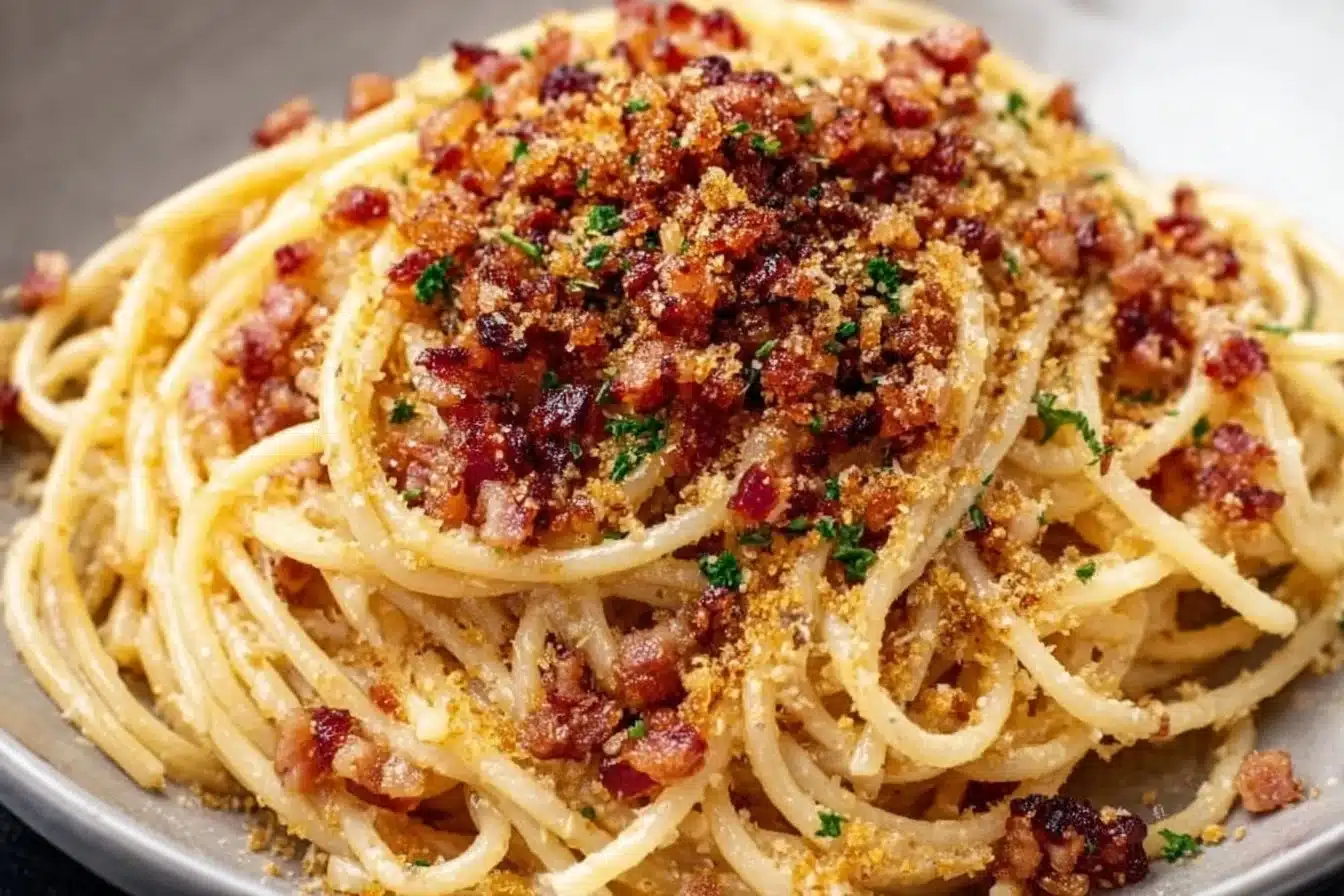 Plate of garlic butter pasta with crispy bacon crumble on top.